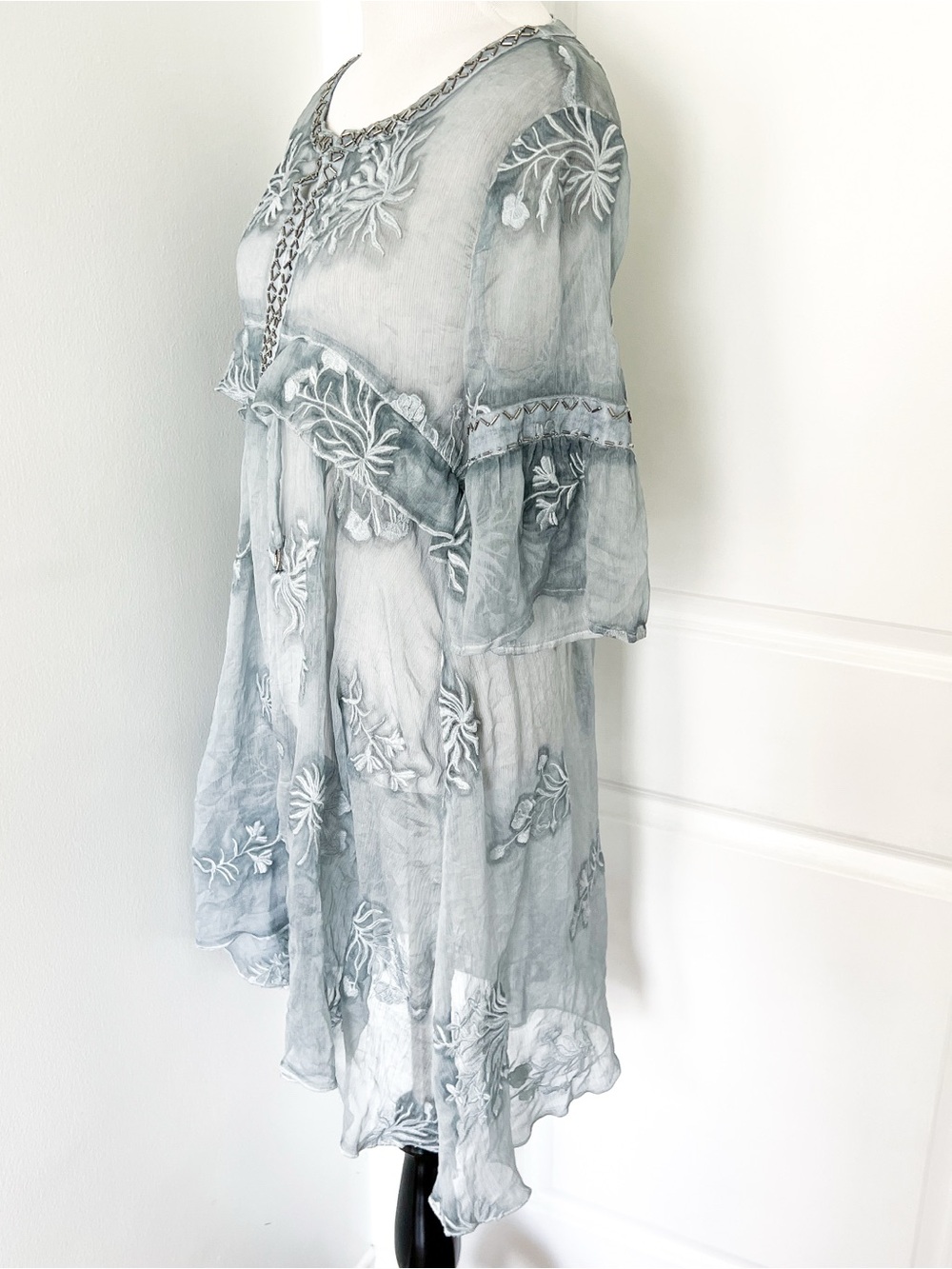 Embroidered Sheer Boho Tunic Dress in Dusty Blue - Picture 3 of 4